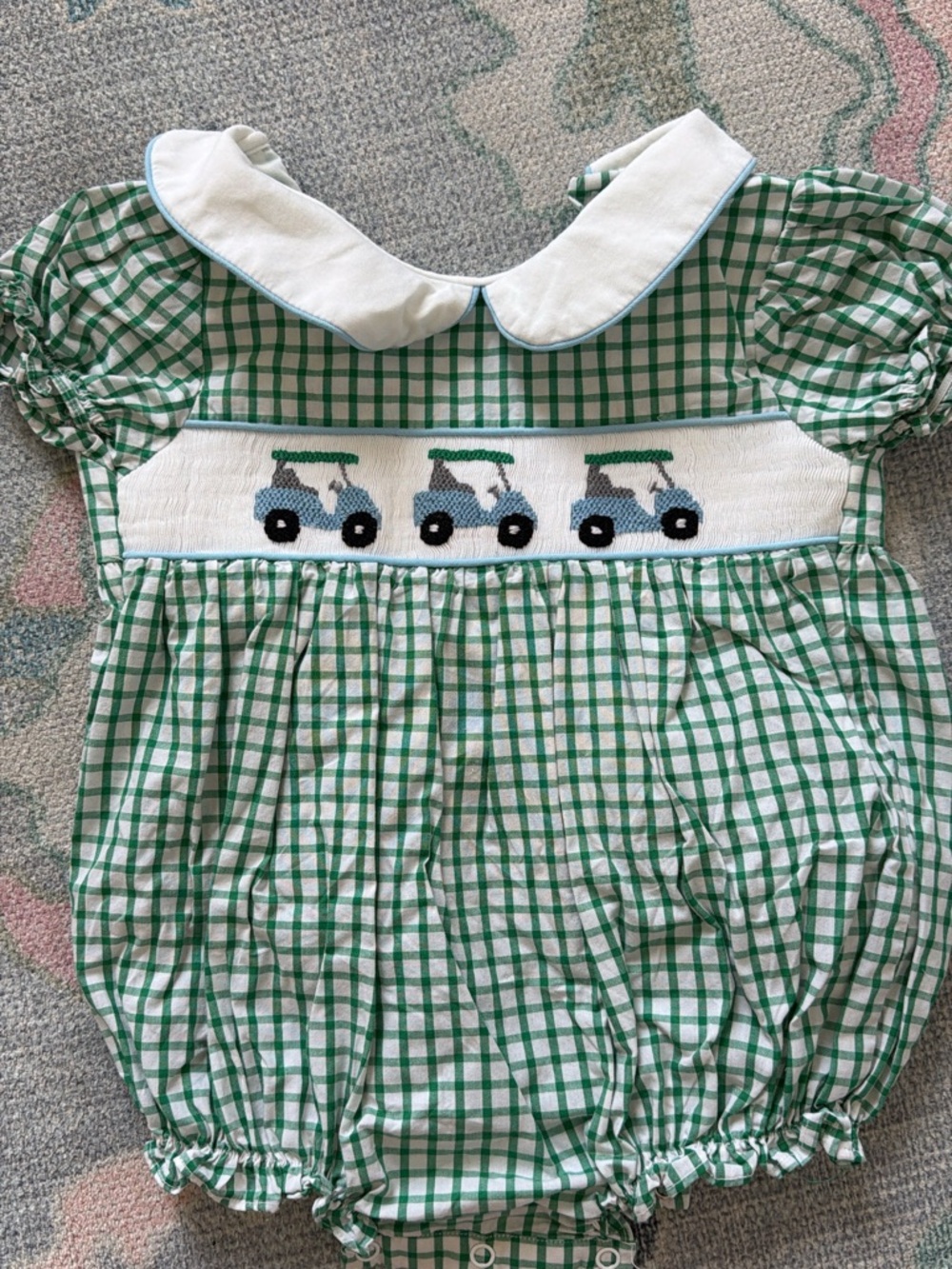 Green & White Gingham Baby Bubble with Golf Cart Smocking